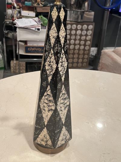Piero Fornasetti MID CENTURY PAIR OF HARLEQUIN PATTERN OBELISK LAMPS IN THE MANNER OF FORNASETTI