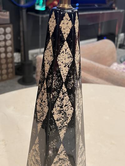Piero Fornasetti MID CENTURY PAIR OF HARLEQUIN PATTERN OBELISK LAMPS IN THE MANNER OF FORNASETTI