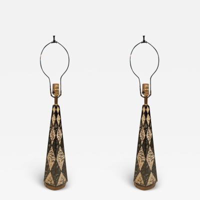 Piero Fornasetti MID CENTURY PAIR OF HARLEQUIN PATTERN OBELISK LAMPS IN THE MANNER OF FORNASETTI