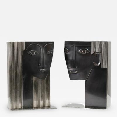 Piero Fornasetti Pair of Deco Figural Fornasetti Style Steel Bronze Planters Franz Hagenauer