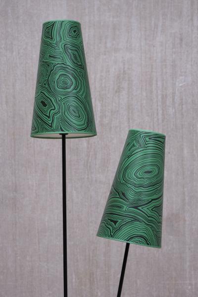 Piero Fornasetti Swedish Modern Floor Lamp with Piero Fornasetti Malachite Print Shades 1950s