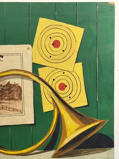 Piero Fornasetti TROMPE LOEIL FRENCH HORN PIPE TARGETS STILL LIFE ON BOARD STYLE OF FORNASETTI