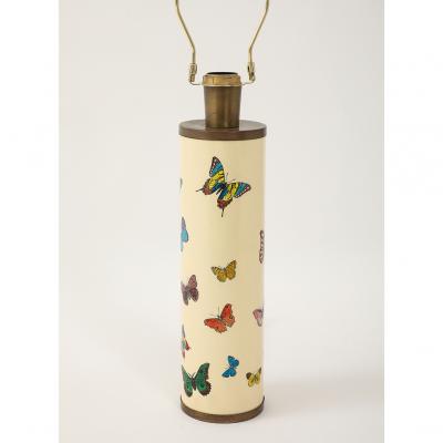 Piero Fornasetti Vintage Farfalle Table Lamp by Piero Fornasetti with Custom Raffia Shade Italy