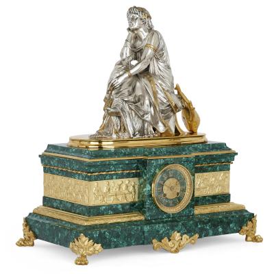 Pierre Alexandre Schoenewerk French ormolu and silvered bronze mounted malachite three piece clock set