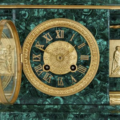 Pierre Alexandre Schoenewerk French ormolu and silvered bronze mounted malachite three piece clock set