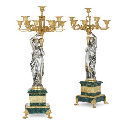 Pierre Alexandre Schoenewerk French ormolu and silvered bronze mounted malachite three piece clock set