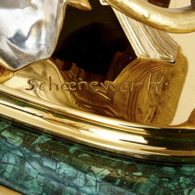 Pierre Alexandre Schoenewerk French ormolu and silvered bronze mounted malachite three piece clock set