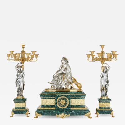 Pierre Alexandre Schoenewerk French ormolu and silvered bronze mounted malachite three piece clock set