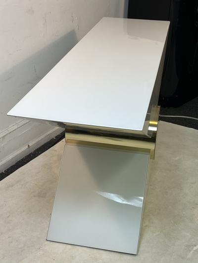 Pierre Cardin MODERNIST WHITE LUCITE AND GOLD ACCENT TRIANGULAR CONSOLE BY PIERRE CARDIN