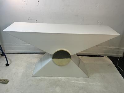 Pierre Cardin MODERNIST WHITE LUCITE AND GOLD ACCENT TRIANGULAR CONSOLE BY PIERRE CARDIN