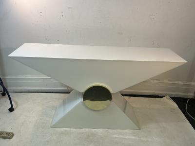 Pierre Cardin MODERNIST WHITE LUCITE AND GOLD ACCENT TRIANGULAR CONSOLE BY PIERRE CARDIN