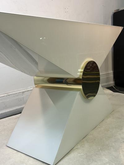 Pierre Cardin MODERNIST WHITE LUCITE AND GOLD ACCENT TRIANGULAR CONSOLE BY PIERRE CARDIN