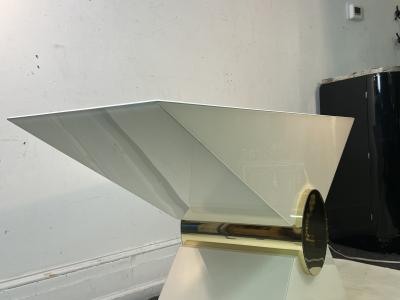 Pierre Cardin MODERNIST WHITE LUCITE AND GOLD ACCENT TRIANGULAR CONSOLE BY PIERRE CARDIN