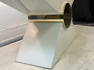 Pierre Cardin MODERNIST WHITE LUCITE AND GOLD ACCENT TRIANGULAR CONSOLE BY PIERRE CARDIN