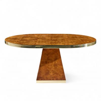 Pierre Cardin Pierre Cardin Mid Century Burlwood and Brass Expanding Dining Table with 1 Leaf