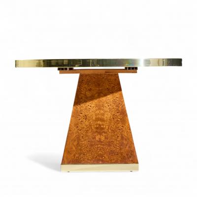 Pierre Cardin Pierre Cardin Mid Century Burlwood and Brass Expanding Dining Table with 1 Leaf