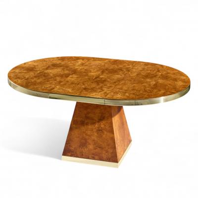 Pierre Cardin Pierre Cardin Mid Century Burlwood and Brass Expanding Dining Table with 1 Leaf