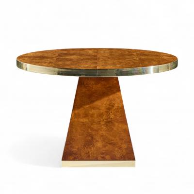 Pierre Cardin Pierre Cardin Mid Century Burlwood and Brass Expanding Dining Table with 1 Leaf