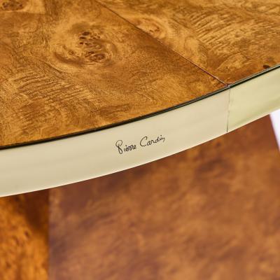 Pierre Cardin Pierre Cardin Mid Century Burlwood and Brass Expanding Dining Table with 1 Leaf