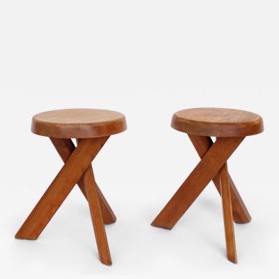 Pierre Chapo PIERRE CHAPO STOOLS TABOURETS PAIR S31 ELM FRANCE C1974 VINTAGE