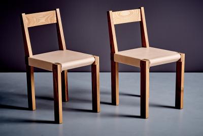 Pierre Chapo Pair of S 24 Wood Chairs with new full grain leather