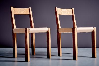 Pierre Chapo Pair of S 24 Wood Chairs with new full grain leather