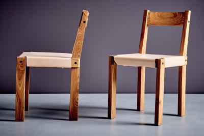 Pierre Chapo Pair of S 24 Wood Chairs with new full grain leather