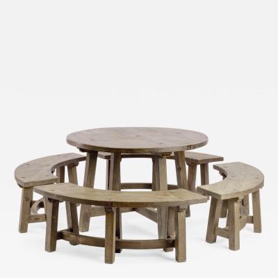 Pierre Chapo Pierre Chapo style brutalist organic complete dinning set with round benches