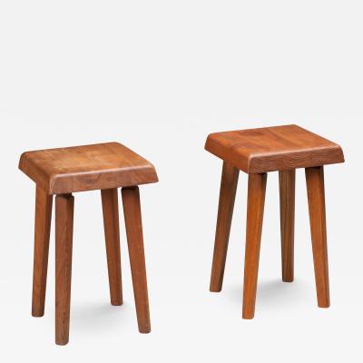 Pierre Chapo Set of 2 Pierre Chapo Stools S01 patinated old version in Elm France 1970s