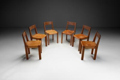Pierre Chapo Set of Six S24 Pierre Chapo Dining Chairs in Elm and Tan Leather France 1967