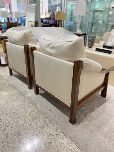 Pierre Chareau Pair of French Art Deco Walnut Lounge Chairs in the Style of Pierre Chareau