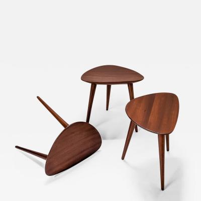 Pierre Cru ge Series of 3 1950s French mahogany tripod stools