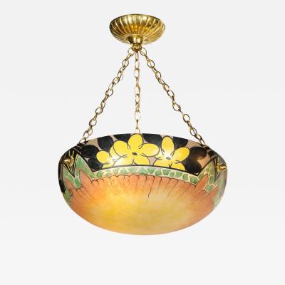 Pierre DAvesn Art Deco Hand Painted Chandelier with Antiqued Brass Fittings by Pierre DAvesne