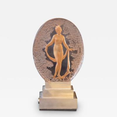 Pierre DAvesn Illuminated Oval Glass with a Nude Dancer Surrounded by Flowers