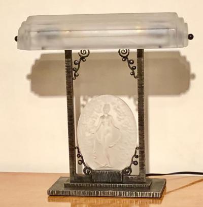 Pierre DAvesn Rare Pierre D Avesn French Art Deco Acid Etched Table Lamp