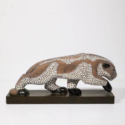 Pierre E Leysalle Art Deco Glazed Ceramic Panther Sculpture Signed E Pierre for Atelier Primavera