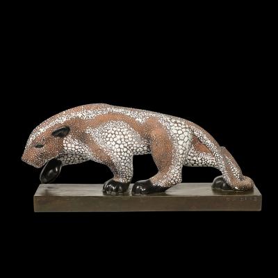 Pierre E Leysalle Art Deco Glazed Ceramic Panther Sculpture Signed E Pierre for Atelier Primavera