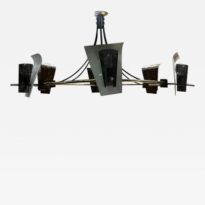 Pierre Guariche 1960s Mega Round Chandelier Brass and Metal Mesh 6 Light Style Pierre Guariche