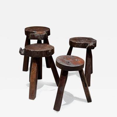 Pierre Jeanneret 1950s Four Carved Wood Stools Style of Pierre Jeanneret