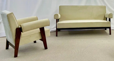 Pierre Jeanneret Authentic Pierre Jeanneret Upholstered Bridge Sofa Chair Set Mid Century Modern
