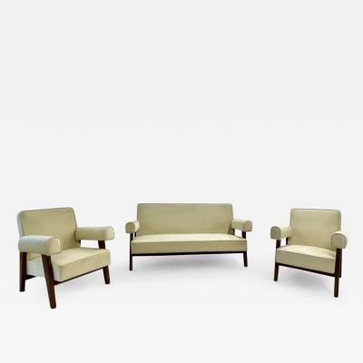 Pierre Jeanneret Authentic Pierre Jeanneret Upholstered Bridge Sofa Chair Set Mid Century Modern