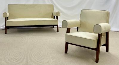 Pierre Jeanneret Authentic Pierre Jeanneret Upholstered Bridge Sofa Chair Set Mid Century Modern