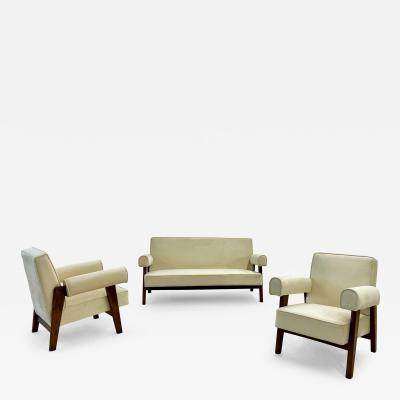 Pierre Jeanneret Authentic Pierre Jeanneret Upholstered Bridge Sofa Chair Set Mid Century Modern