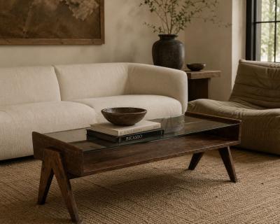 Pierre Jeanneret Coffee Table Teak Glass Chandigarh India 1960s