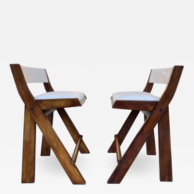 Pierre Jeanneret Pair of Compas Wood Counter Stools Italy