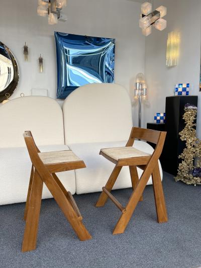 Pierre Jeanneret Pair of Compas Wood Counter Stools Italy