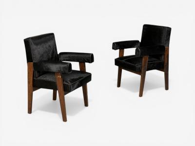 Pierre Jeanneret Pierre Jeanneret Advocate Armchairs Black Cowhide Teak Chandigarh 1960s