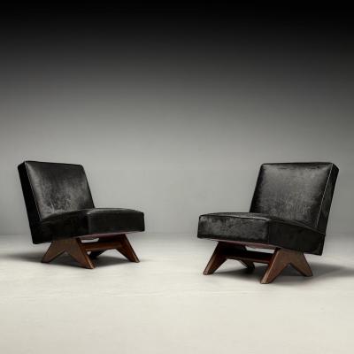 Pierre Jeanneret Pierre Jeanneret French Mid Century Modern Slipper Chairs Black Cowhide Teak