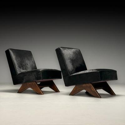 Pierre Jeanneret Pierre Jeanneret French Mid Century Modern Slipper Chairs Black Cowhide Teak