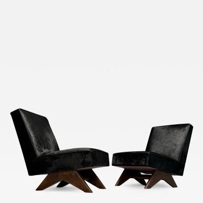 Pierre Jeanneret Pierre Jeanneret French Mid Century Modern Slipper Chairs Black Cowhide Teak